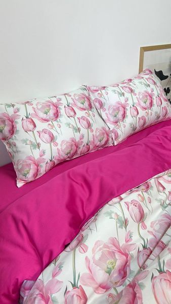 Комплект постільної білизни з Premium Сатину Півонія фуксія 150*220 (2) 12343 фото